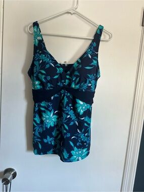 Lands End Navy Floral Tankini Top with Teal Flowers and Swim Mini